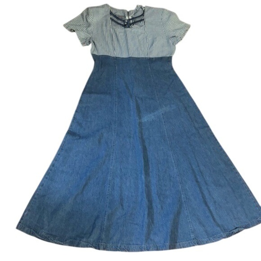 Vintage Lira Denim‎ Blue Gingham Short Sleeve Baby Doll Maxi Dress Y2k Western